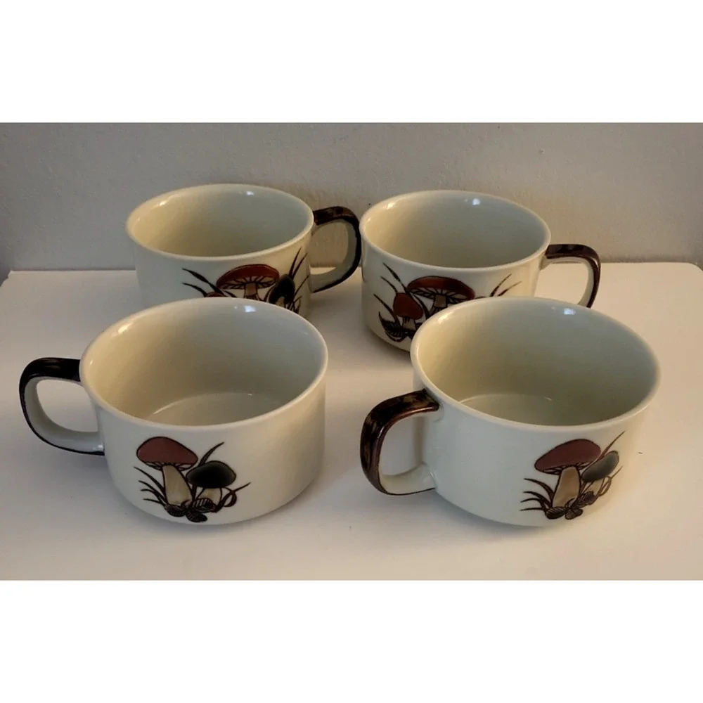 Set of 4 Otagiri Vintage 70s Mushroom Soup Cereal Bowl Handle White Brown Boho